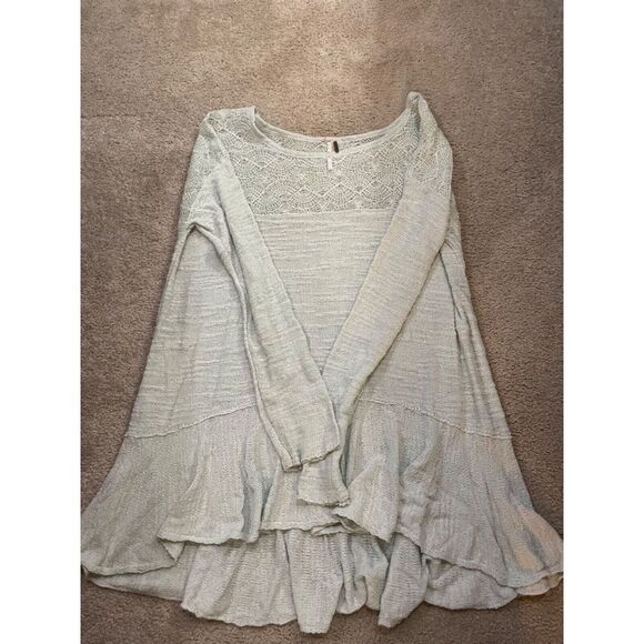 Free People L Mint Green Kristobel Crochet Peplum Oversized Sweater or Dress FP - Picture 6 of 9